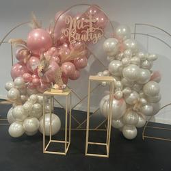 Gold Metal Round Top Geometric Wedding Backdrop Floor Stand, Rectangular Flower Frame Prop Stand With Cloudy Film Insert 7ft Tall