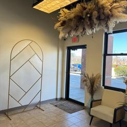 Gold Metal Round Top Geometric Wedding Backdrop Floor Stand, Rectangular Flower Frame Prop Stand With Cloudy Film Insert 7ft Tall