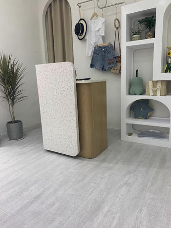 m2display Small Reception Desk for Beauty Salon with LED (0.75m/ 1.8m), in Stone laminate & wood veneer - M2 Retail Review