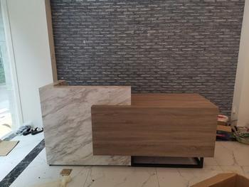 m2display Imitation Marble & Wood Big Reception Desk for Sales Modern Large Front Desk with Black Metal Feet Review