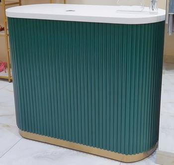 m2display Morandi Colors Reception Counter for Beauty Spa Store (1~2.4m) in Reeded Wood & Gold Steel - M2 Retail Review