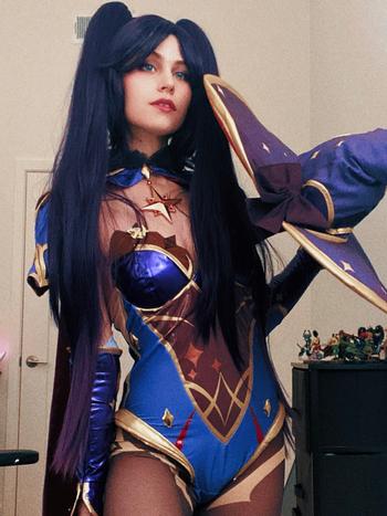 Uwowo Cosplay 【In Stock】Uwowo Game Genshin Impact Plus Size Cosplay Mona Megistus Astral Reflection Costume Cute Enigmatic Astrologer Bodysuit Review