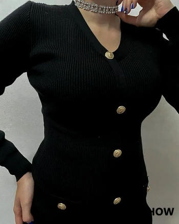 SheShow Slim Fit Gold Button Long-Sleeve Knitted Dress Review