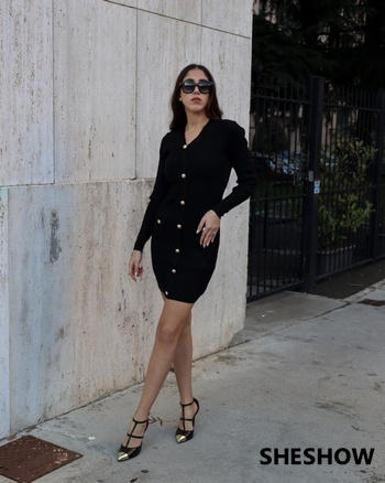 SheShow Slim Fit Gold Button Long-Sleeve Knitted Dress Review