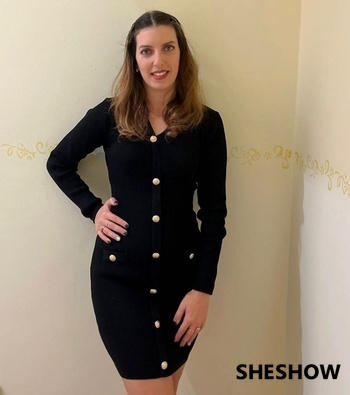 SheShow Slim Fit Gold Button Long-Sleeve Knitted Dress Review