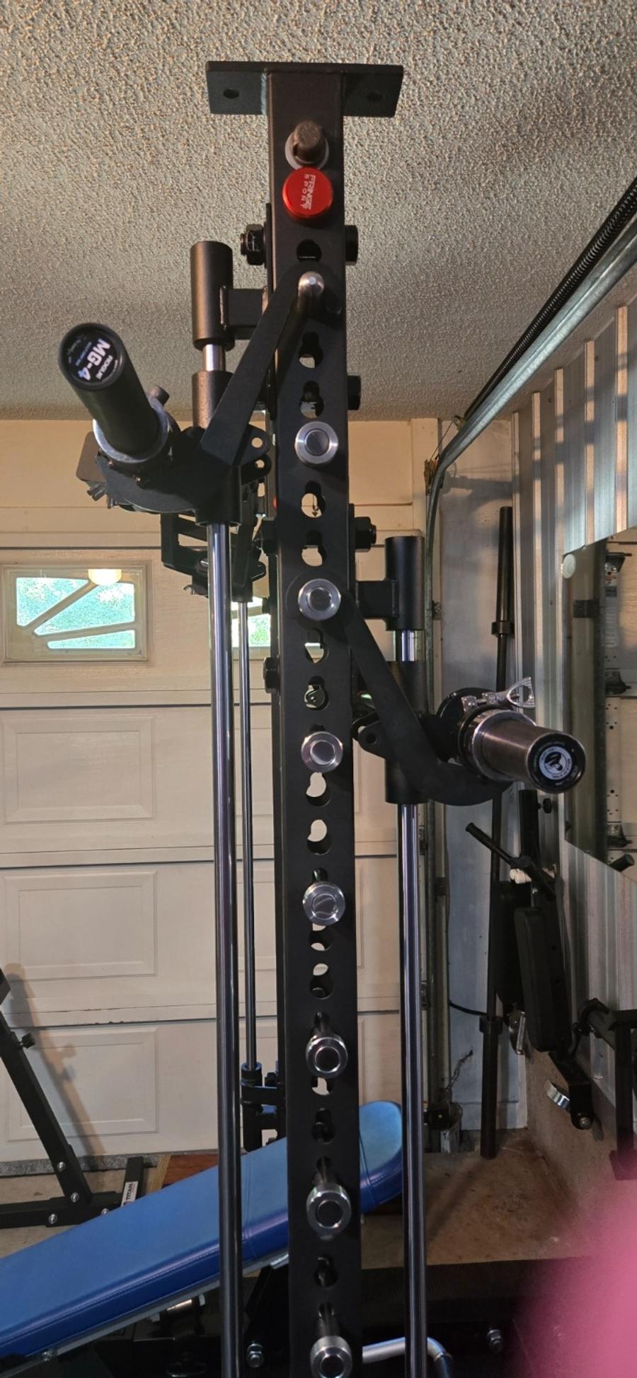 BOB Smith Machine installed on a home gym rack, customer photo from Brian W.