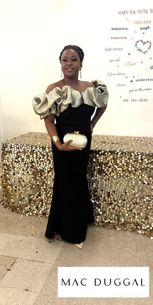 Black Mermaid Gown With Off The Shoulder Ruffle Detail | Mac Duggal
