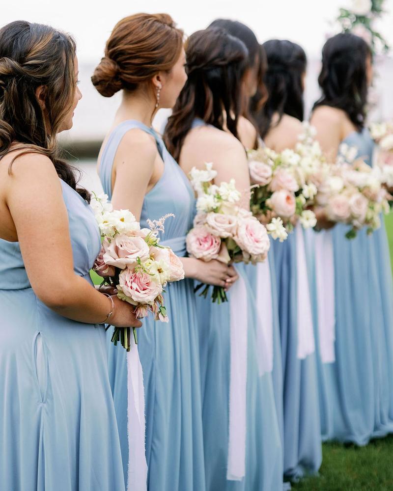 Spring Wedding - Dusty Blue Bridesmaid Dresses and Blush Bouquets