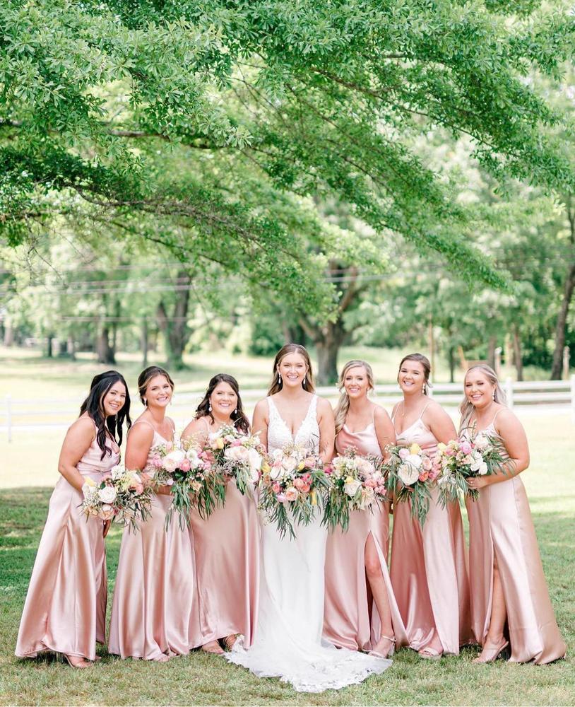 Rose gold store satin bridesmaid dresses