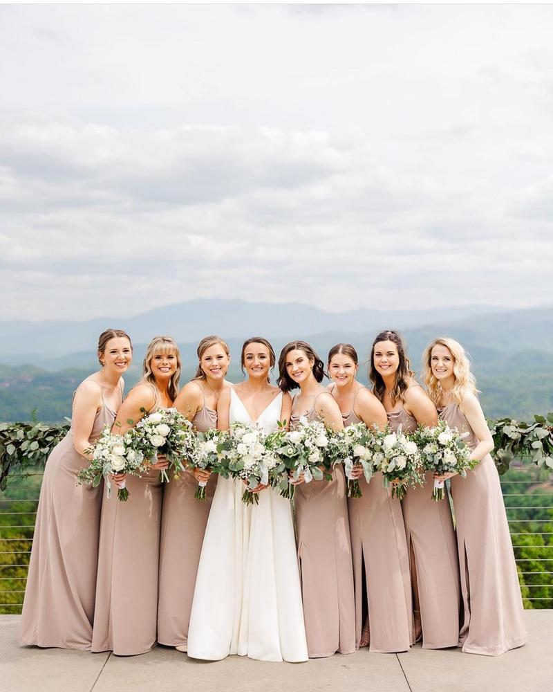 Ash Cowl Neck Bridesmaid Dress with Slit in Crepe Taupe
