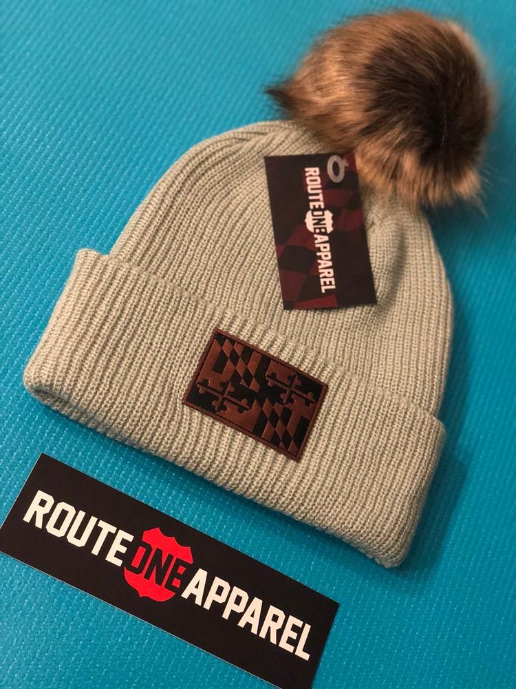Maryland Flag Leather Patch (Grey w/ Fur Pom) / Slouchy Knit Beanie Cap - Customer Photo From Brittany S.