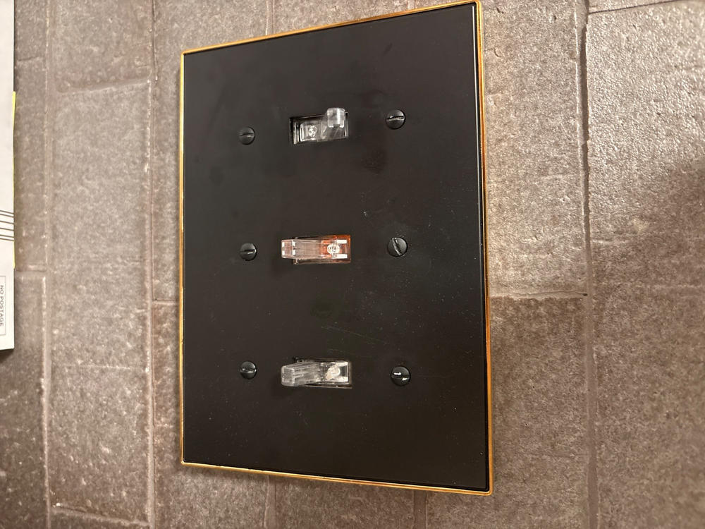 Halle Matte Black w/ Champagne Bronze Border Cast - 3 Toggle Wallplate - Customer Photo From Greg P.