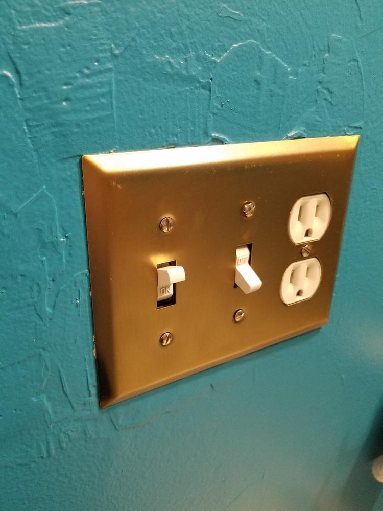 Century Brushed Bronze Steel - 2 Toggle / 1 Duplex Wallplate - Customer Photo From Shena L.