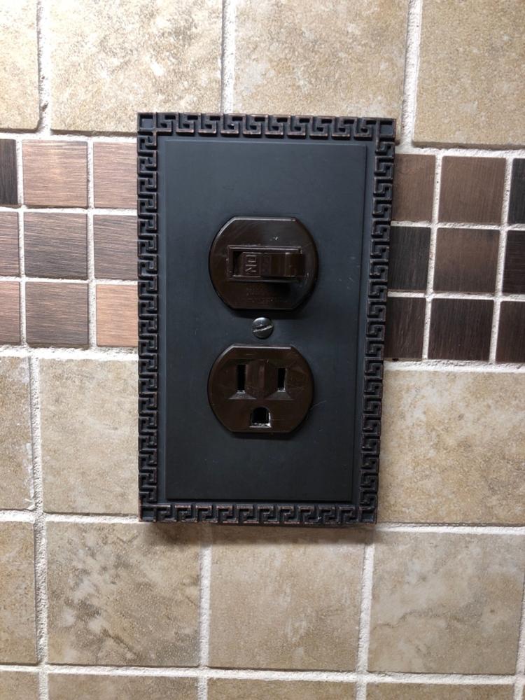 Greek Key Aged Bronze Cast - 1 Toggle Wallplate - Customer Photo From Jeannie N.