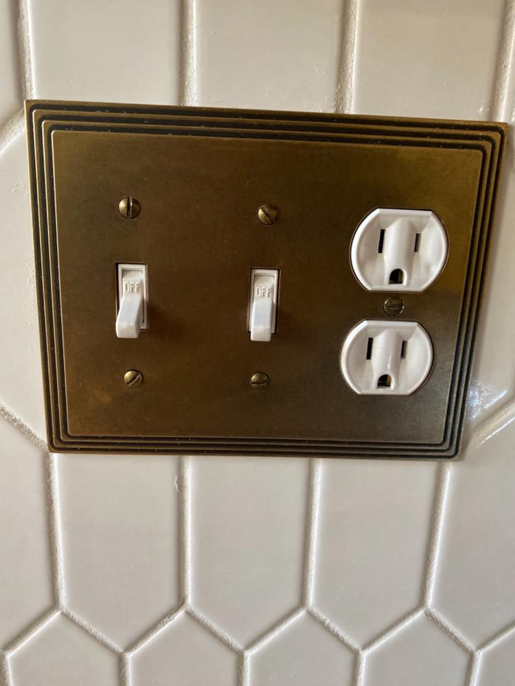 Steps Rustic Brass Cast - 2 Toggle / 1 Duplex Wallplate - Customer Photo From Cynthia Smith