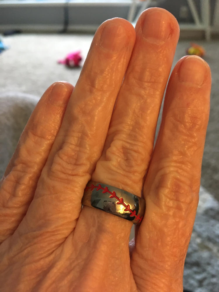 Titanium Sports Baseball Ring Wedding Band with Red Stitching, Comfort Fit, Dome High Polish Finish 8mm Sizes 8 to 13 - Customer Photo From Marlene McGary