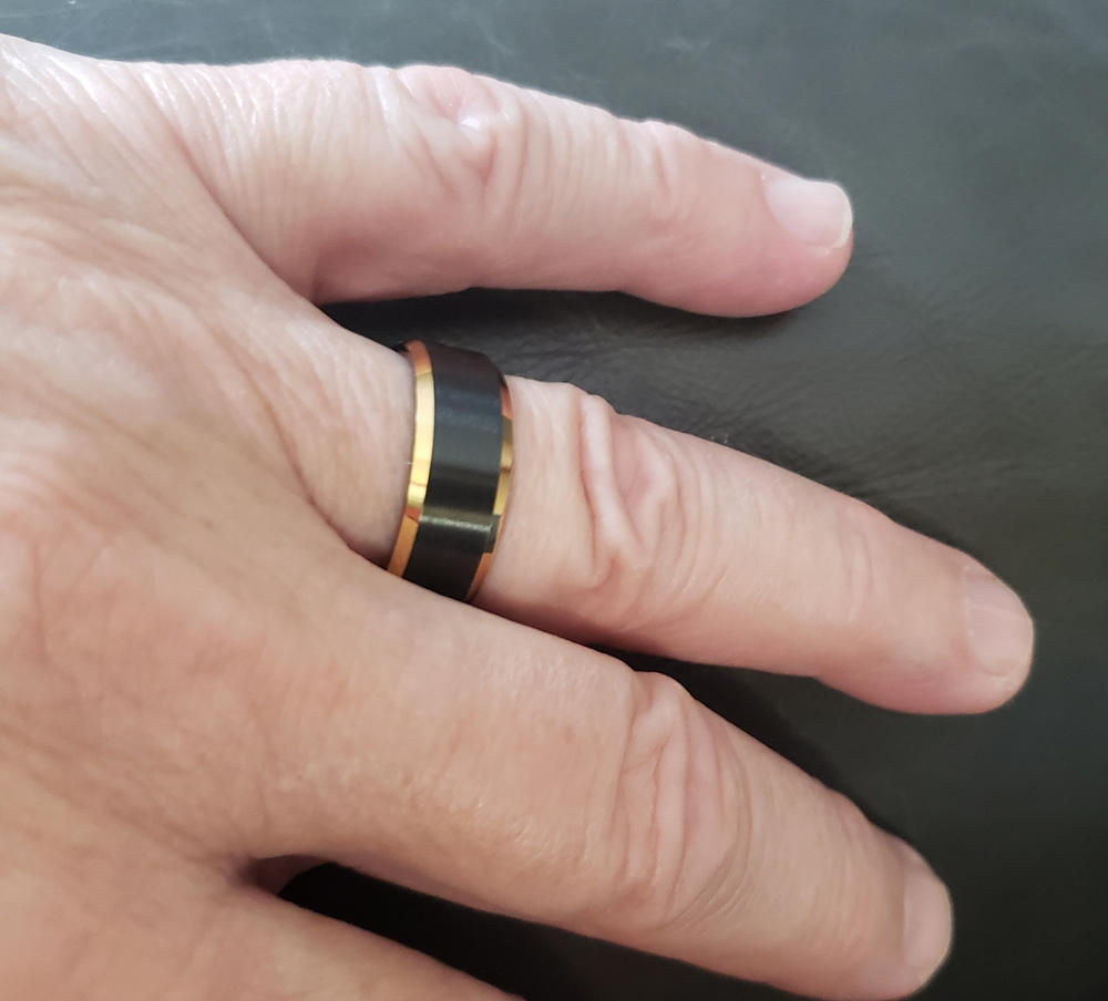 Mens Tungsten Ring Black Goldtone Wedding Band Beveled Edges Comfort-fit 8MM - Customer Photo From Joe McCarty