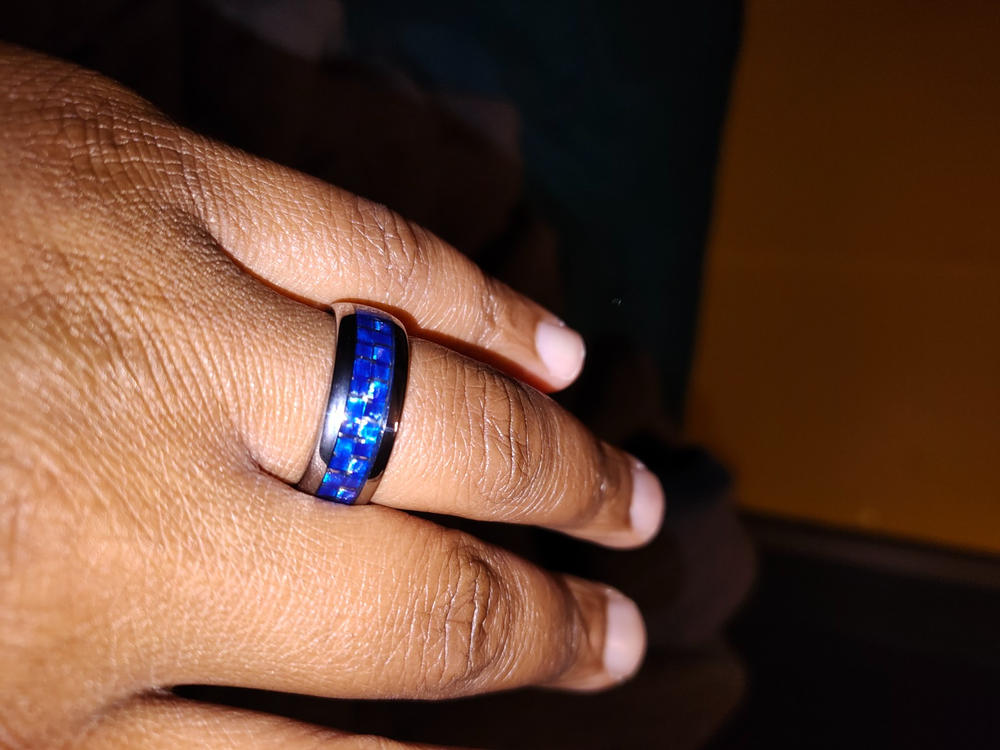 Mens Gunmetal Tungsten Carbide Ring Black Blue Carbon Fiber Inlay Wedding Band 8MM - Customer Photo From Thomas Watson