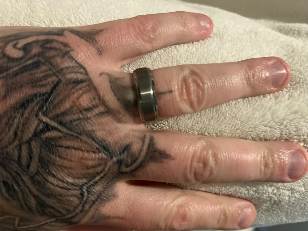 Mens Two-Tone Sandlasted Tungsten Carbide Ring Dome Wedding Band Black Inlay 8MM - Customer Photo From Rilee Bloomquist