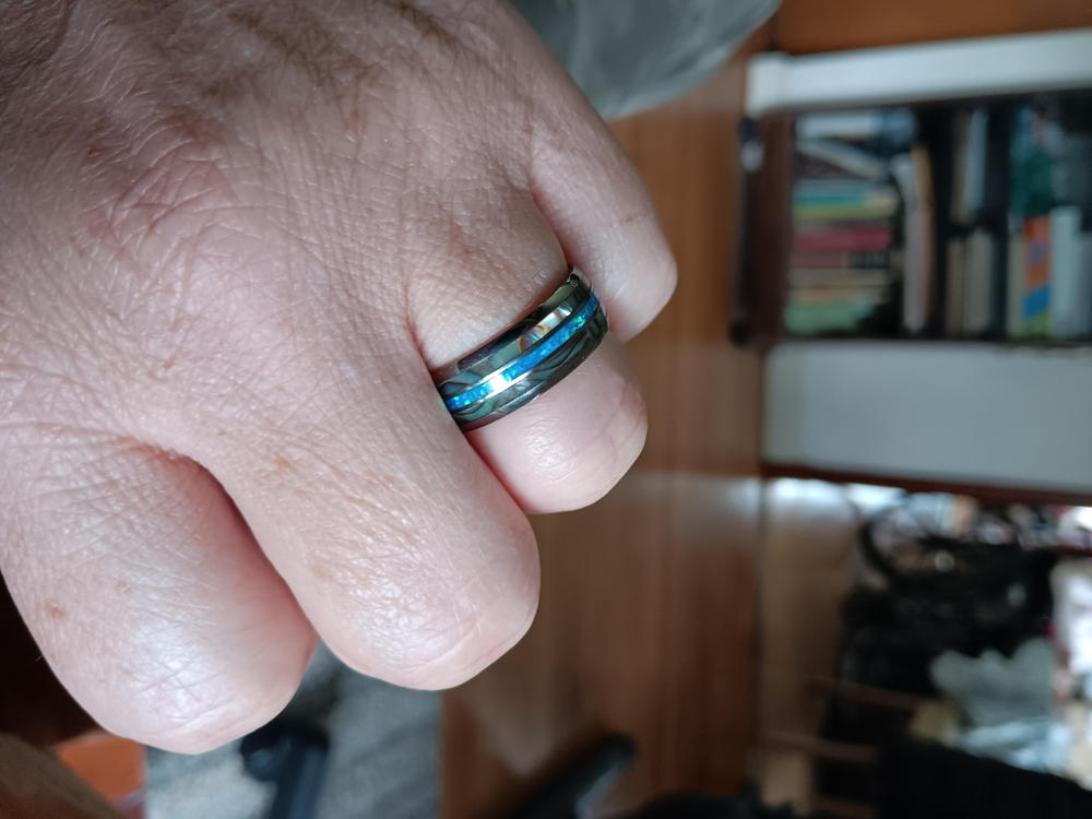 Tungsten Carbide Mens Wedding Band Blue Opal Mother of Pearl Engagement Ring Silvertone - Customer Photo From Eric Saatmann