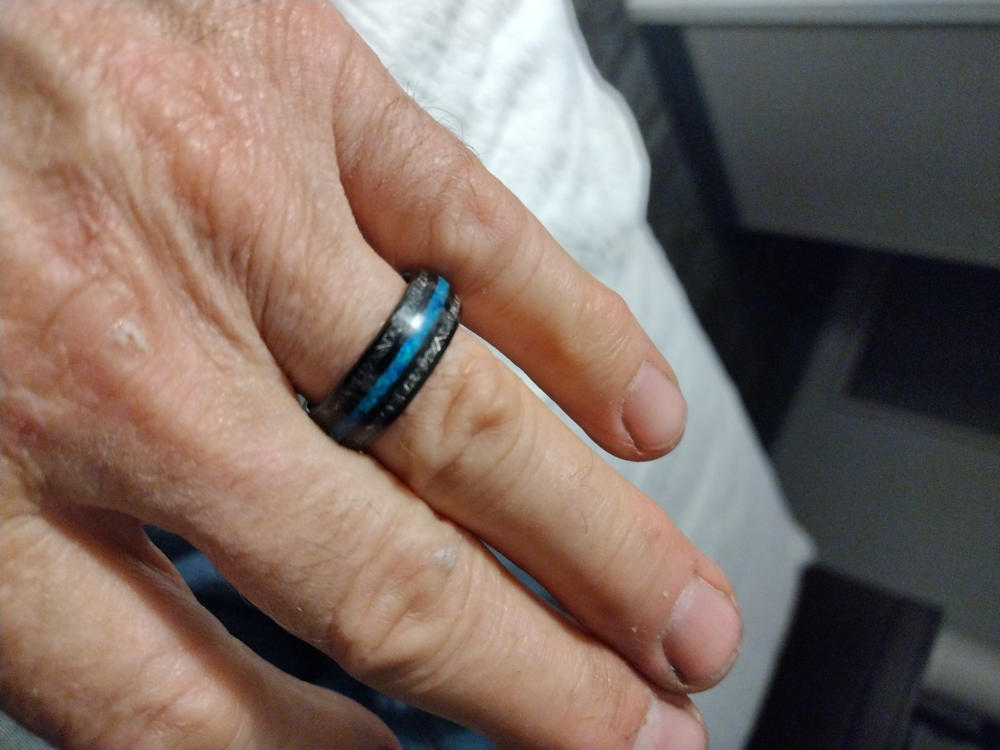 Tungsten Carbide Mens Wedding Band Blue Titanium Shaving Inlay Engagement Ring Black - Customer Photo From Mark sumner