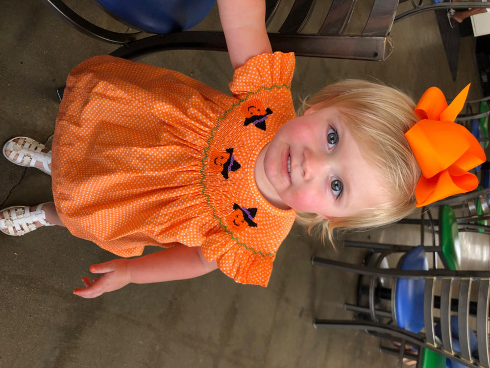 Trick or Treat Smocked Bloomer Set, Orange Bitty Dot - Customer Photo From Scarlett Stevens