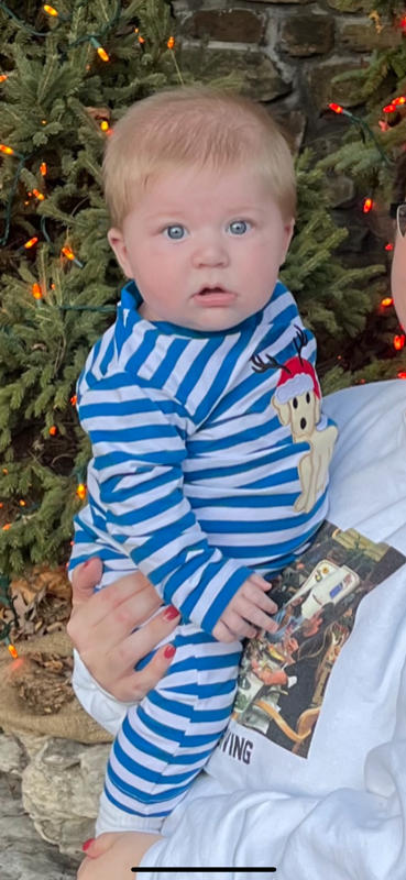 Puppy Holiday Applique Romper, Blue Stripe - Customer Photo From Natalie Treadwell