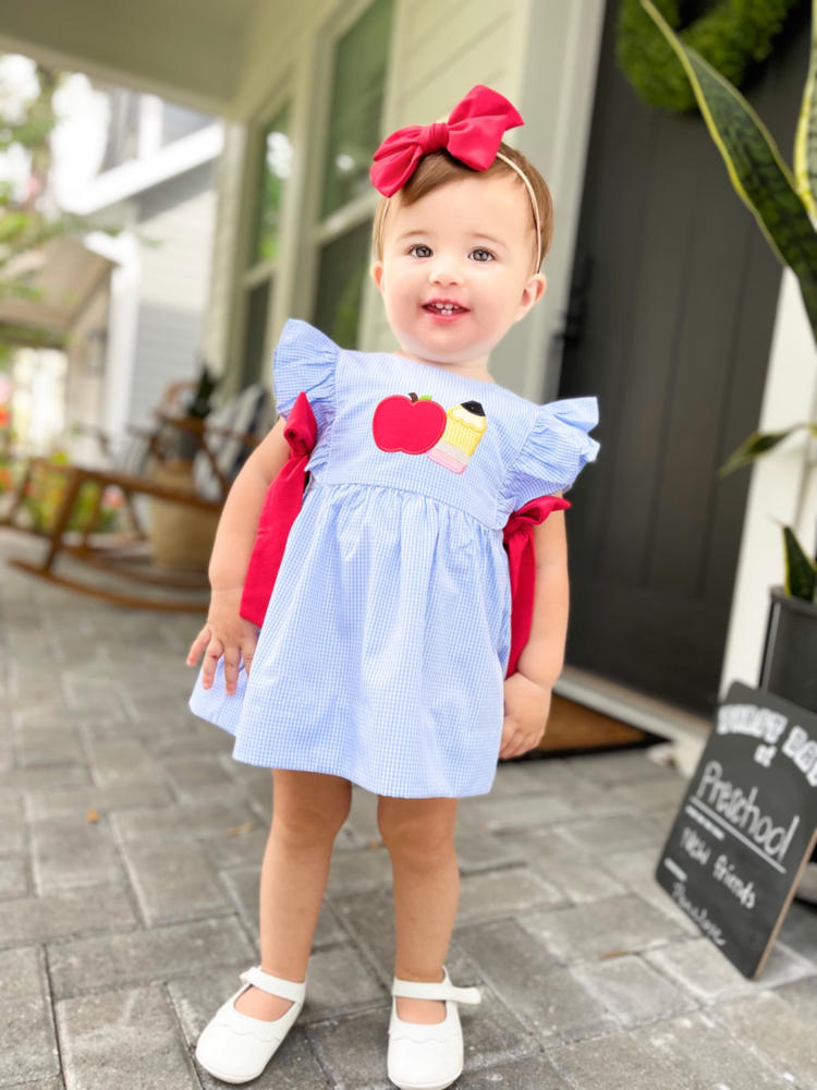 Back to School Applique Side Tie Dress, Blue Gingham - Customer Photo From holli metcalf