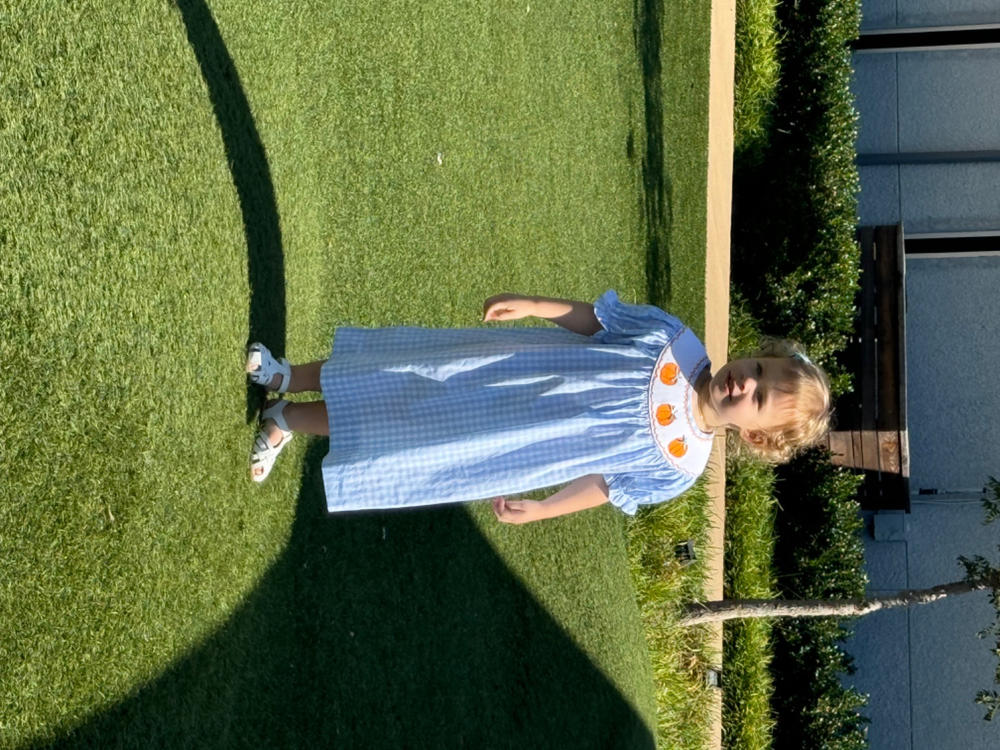 Happy Harvest Smocked Bishop Dress, Blue Check - Customer Photo From Patricia Echols