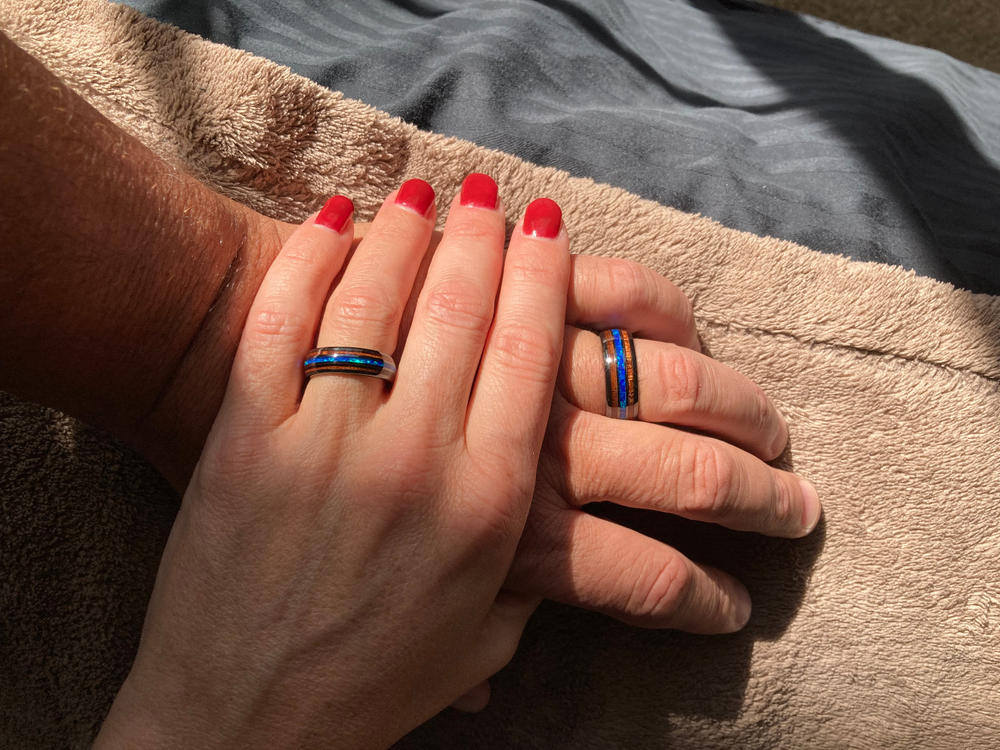 Pair of HI-TECH Black Ceramic Rings with Blue Opal & Koa Wood Tri Inlay - 6&8mm, Dome Shape, Comfort Fitment - Customer Photo From Jason Defilippis