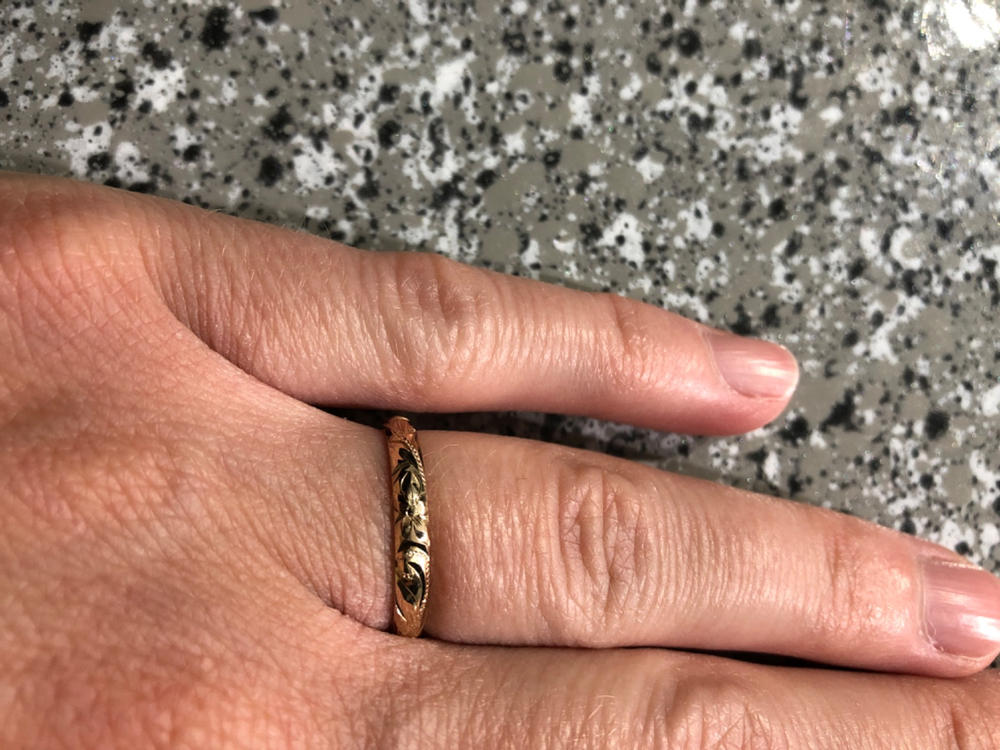 14K Gold Hang Engraved 2.5mm Ring with Old English Design - Dome Shape, Standard Fitment - Customer Photo From Kirsten Thompson