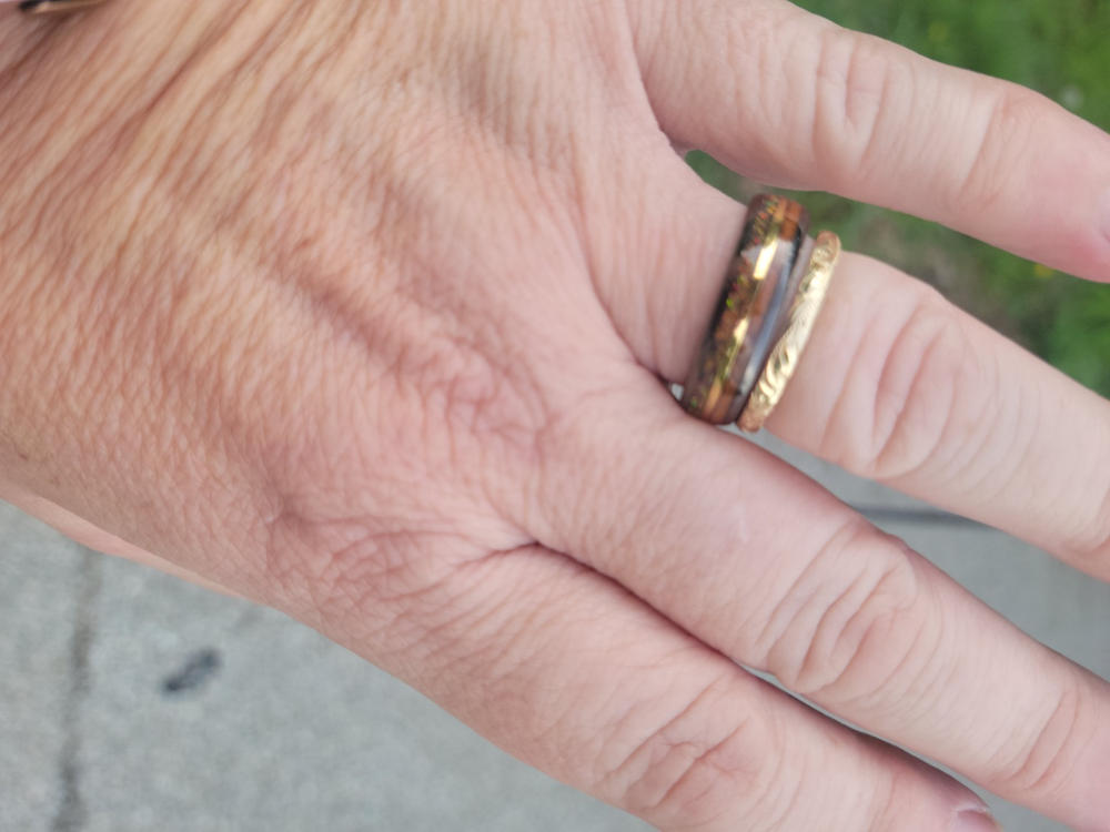 14K Gold Hand Engraved Ring [2.5mm width] Old English Design - Barrel Shape - Customer Photo From Debbie Cash