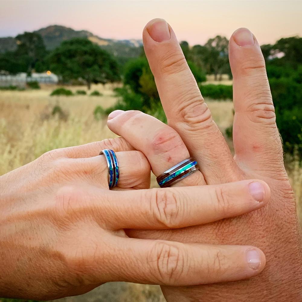 8mm Or 6mm Tungsten Carbide Wedding Band With Hawaiian Opal Blue Inlay – Men's & Women's Sizes Available