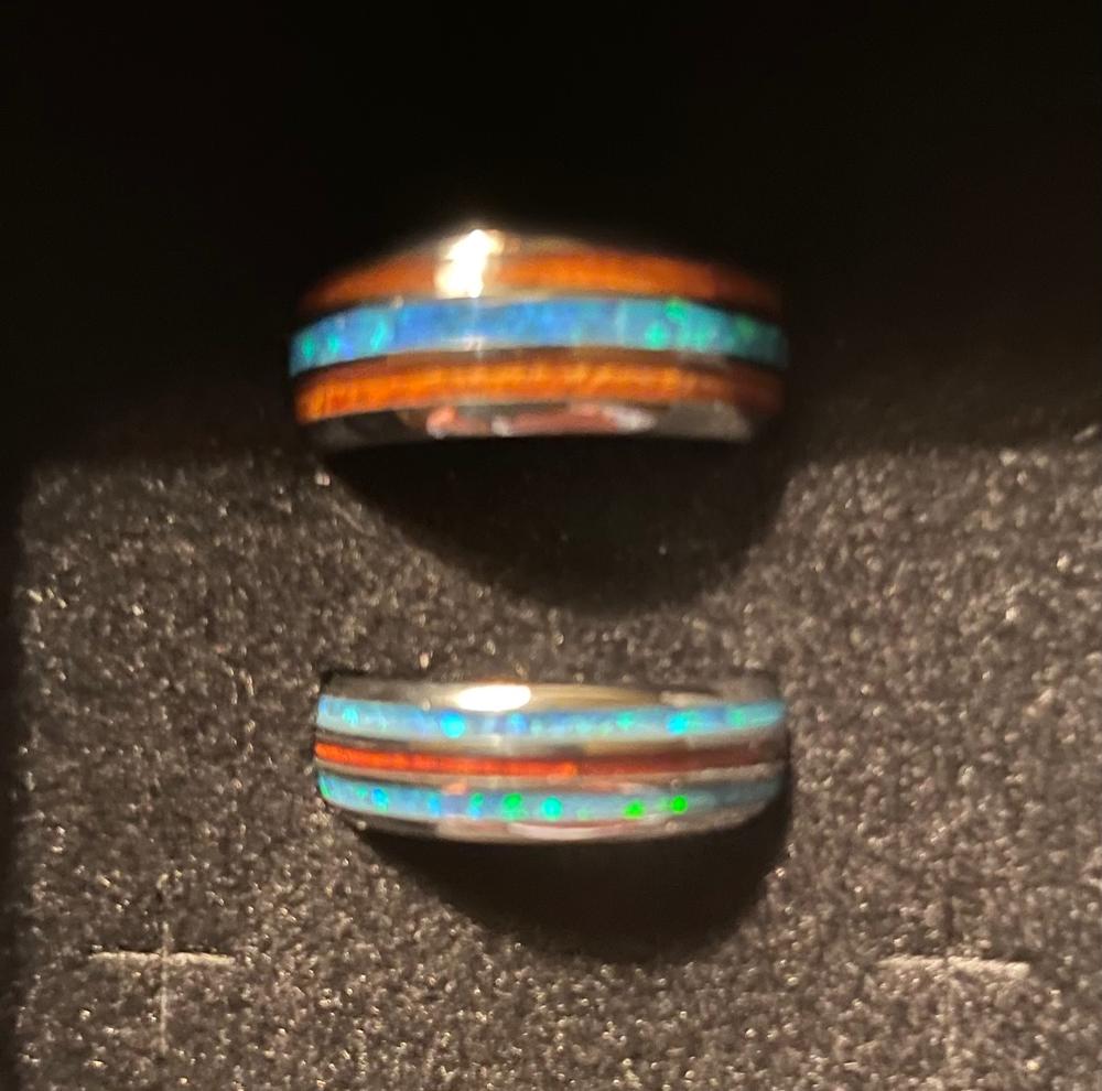 Pair of 6 & 8mm Width Tungsten Wedding Band Ring Set with Blue Opal and Koa Wood (Assorted Designs) - Customer Photo From Ron Kibbe