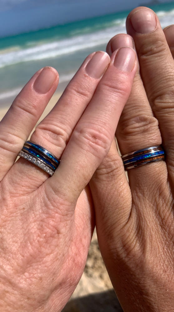 Pair of 6 & 8mm Width Tungsten Wedding Band Ring Set with Blue Opal and Koa Wood (Assorted Designs) - Customer Photo From Ryan Clark