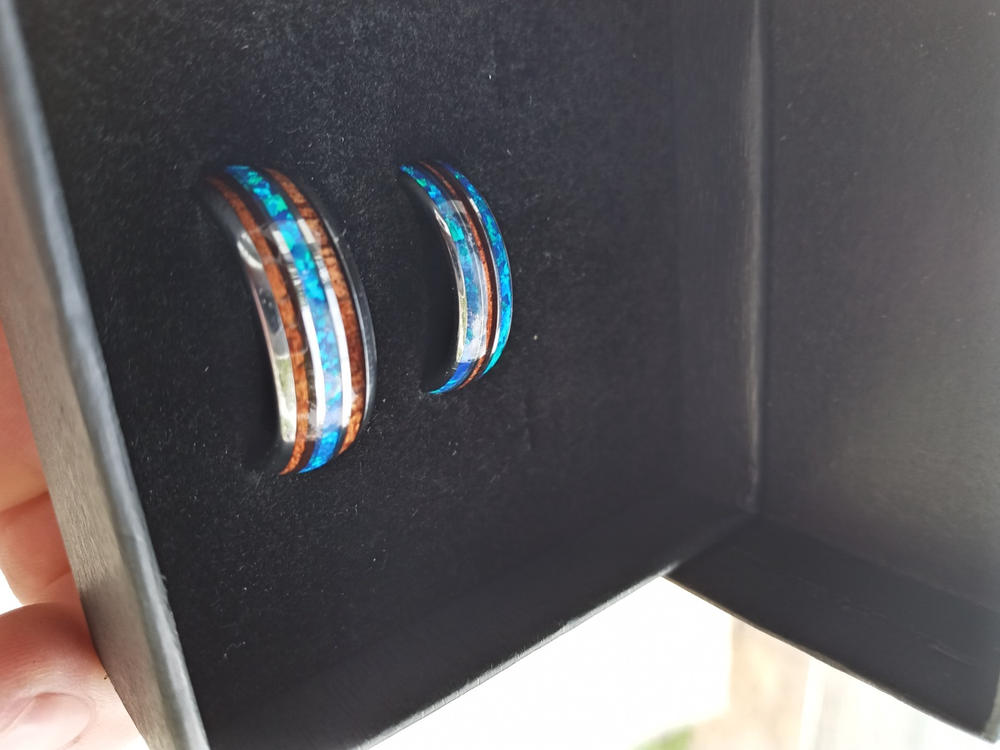 Pair of 6 & 8mm Width Tungsten Wedding Band Ring Set with Blue Opal and Koa Wood (Assorted Designs) - Customer Photo From Kandance Johnson