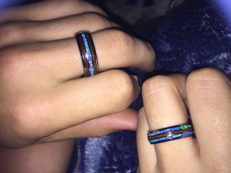 Pair of 6 & 8mm Width Tungsten Wedding Band Ring Set with Blue Opal and Koa Wood (Assorted Designs) - Customer Photo From Neikko R.