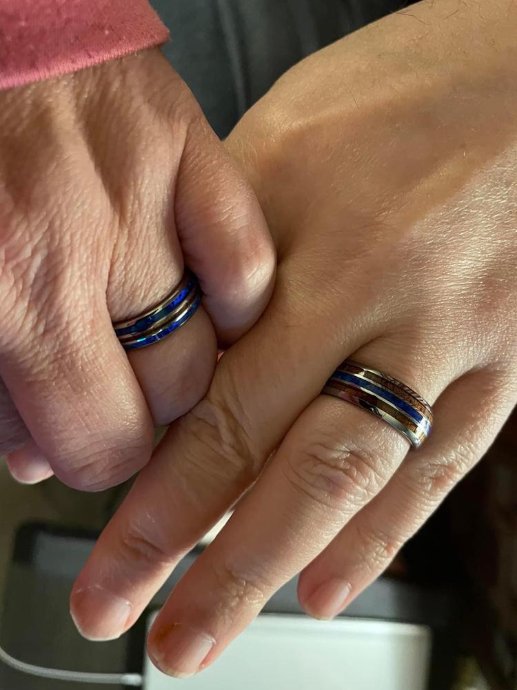 Pair of 6 & 8mm Width Tungsten Wedding Band Ring Set with Blue Opal and Koa Wood (Assorted Designs) - Customer Photo From Alan W.