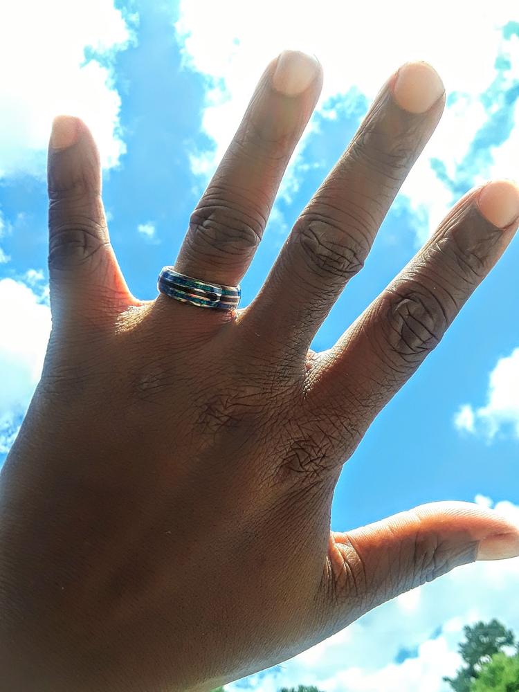 Tungsten Carbide Ring [6mm width] Blue Opal & Hawaiian Koa Wood - Customer Photo From Elan Church
