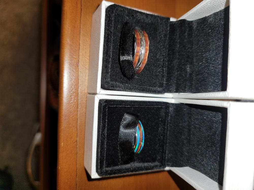 Tungsten Carbide Ring with Opal & Koa Wood Tri Inlay - 6mm, Dome Shape, Comfort Fitment - Customer Photo From 