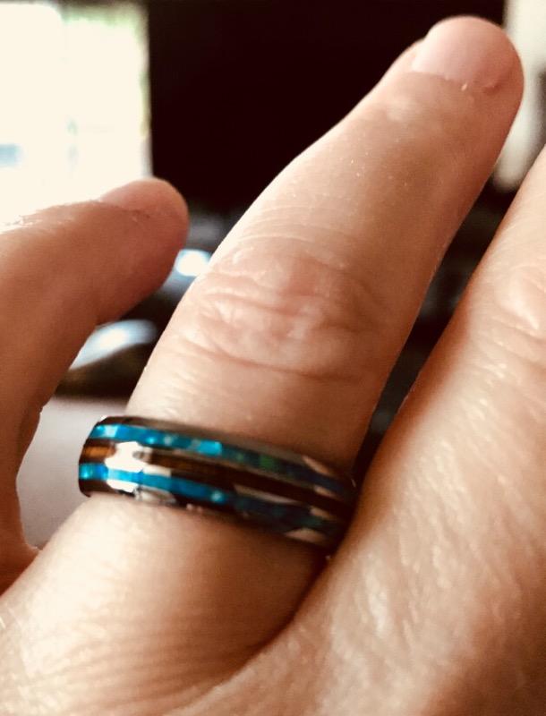 Tungsten Carbide Ring with Opal & Koa Wood Tri Inlay - 6mm, Dome Shape, Comfort Fitment - Customer Photo From Bonnie W.