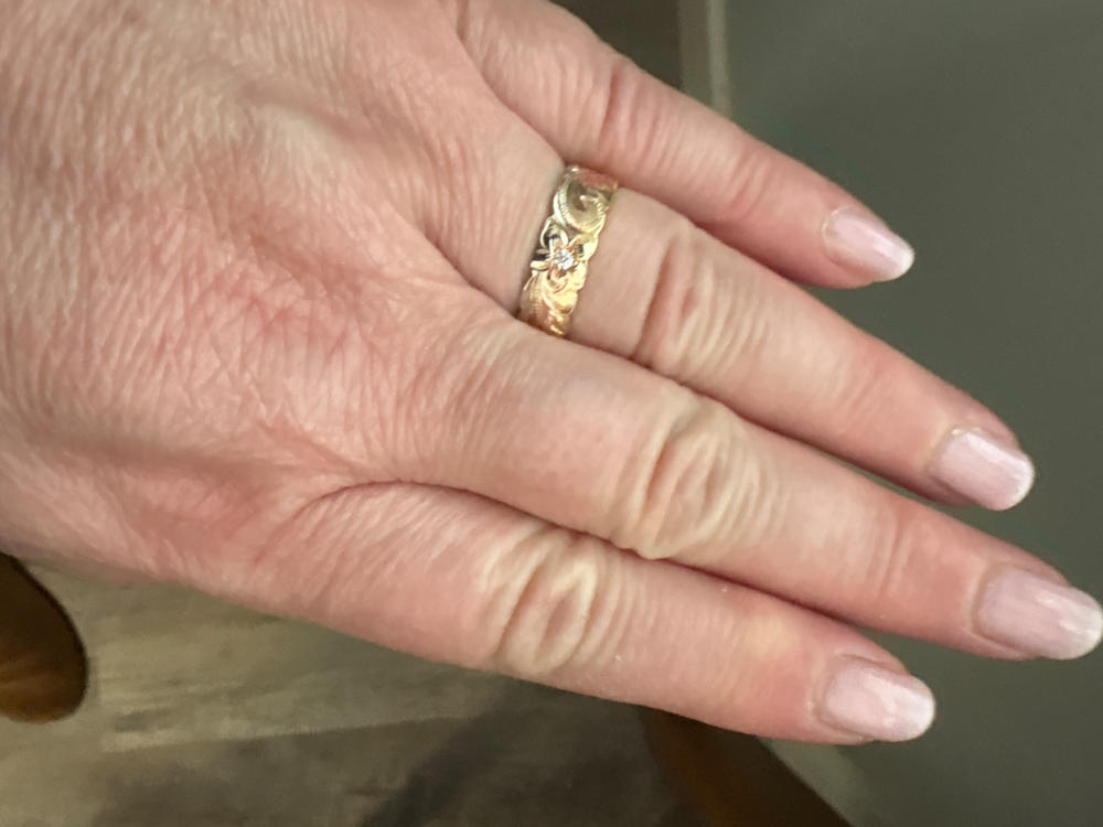 14K Tri-Gold Waved Edged Hawaiian Jewelry Ring - 6mm, Flat Shape, Standard Fitment - Customer Photo From 