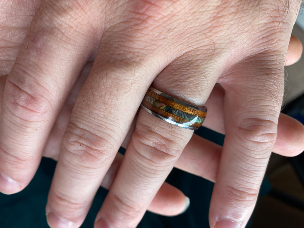 Tungsten Carbide Ring with Mid-Abalone Shell & Hawaiian Koa Wood Inlay (No Mid Tungsten Strips) - 8mm, Dome Shape, Comfort Fitment - Customer Photo From Julia Hall