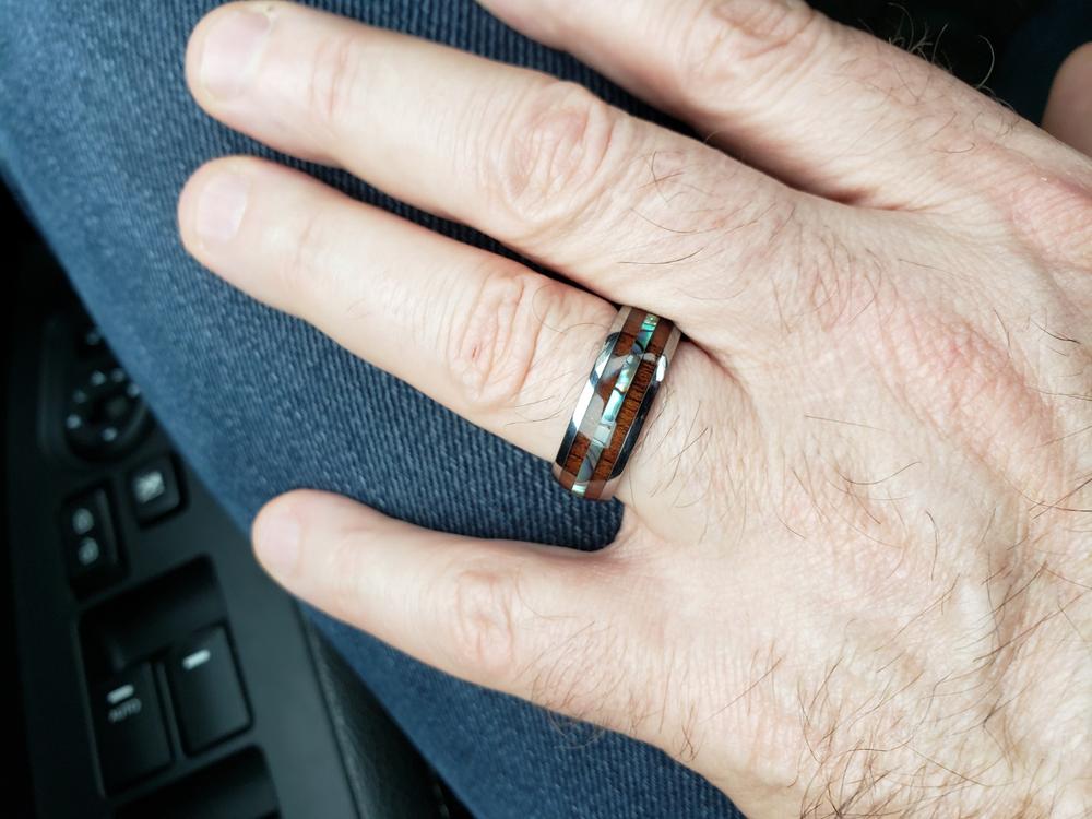 Tungsten Carbide Ring with Mid-Abalone Shell & Hawaiian Koa Wood Inlay (No Mid Tungsten Strips) - 8mm, Dome Shape, Comfort Fitment - Customer Photo From Steve M.