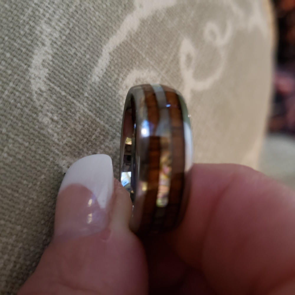 Tungsten Carbide Ring with Mid-Abalone Shell & Hawaiian Koa Wood Inlay (No Mid Tungsten Strips) - 8mm, Dome Shape, Comfort Fitment - Customer Photo From Susan Kleinline