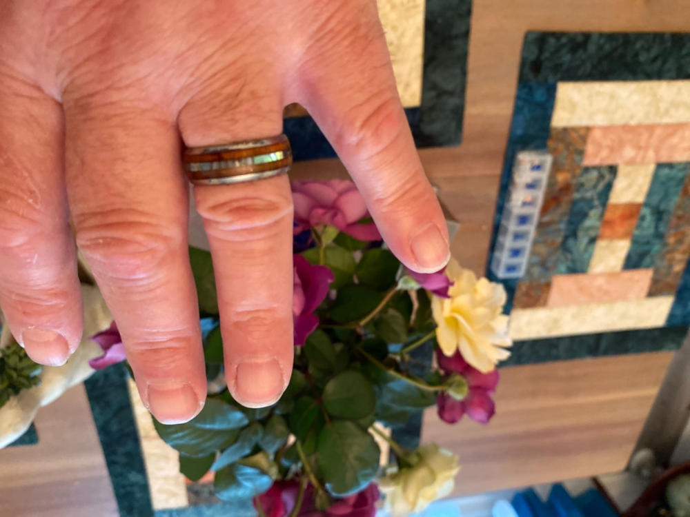 Tungsten Carbide Ring with Mid-Abalone Shell & Hawaiian Koa Wood Inlay (No Mid Tungsten Strips) - 8mm, Dome Shape, Comfort Fitment - Customer Photo From Frank Sargent