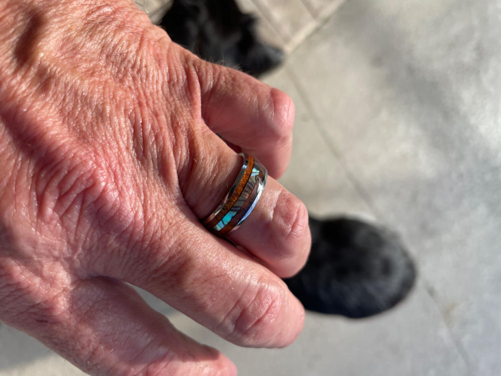 Tungsten Carbide Ring with Mid-Abalone Shell & Hawaiian Koa Wood Inlay (No Mid Tungsten Strips) - 8mm, Dome Shape, Comfort Fitment - Customer Photo From David Moore