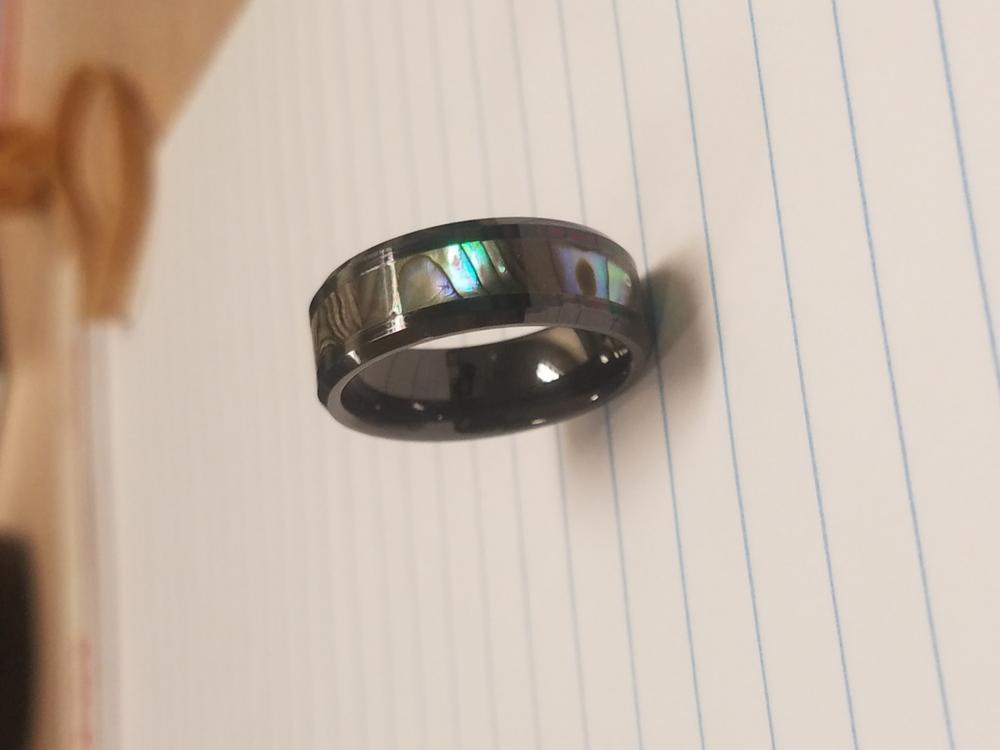 HI-TECH Black Ceramic Beveled Edged Ring with Abalone Pau