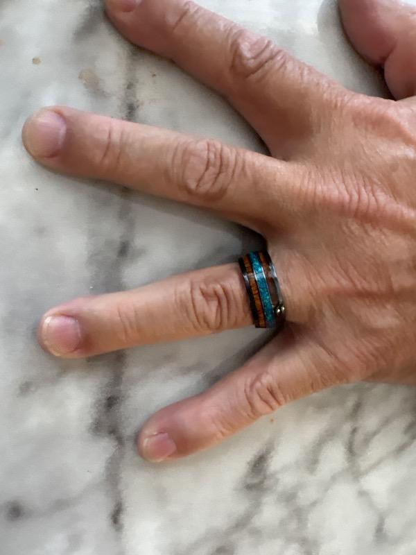 Black Zirconium 10mm Ring with Azure Blue Opal & Hawaiian Koa Wood Tri-Inlay - Dome Shape, Comfort Fitment - Customer Photo From 