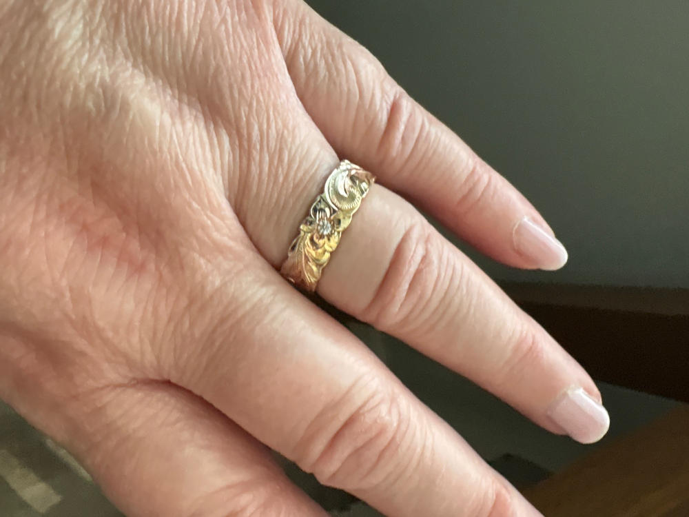 Black Zirconium 10mm Ring with Azure Blue Opal & Hawaiian Koa Wood Tri-Inlay - Dome Shape, Comfort Fitment - Customer Photo From 